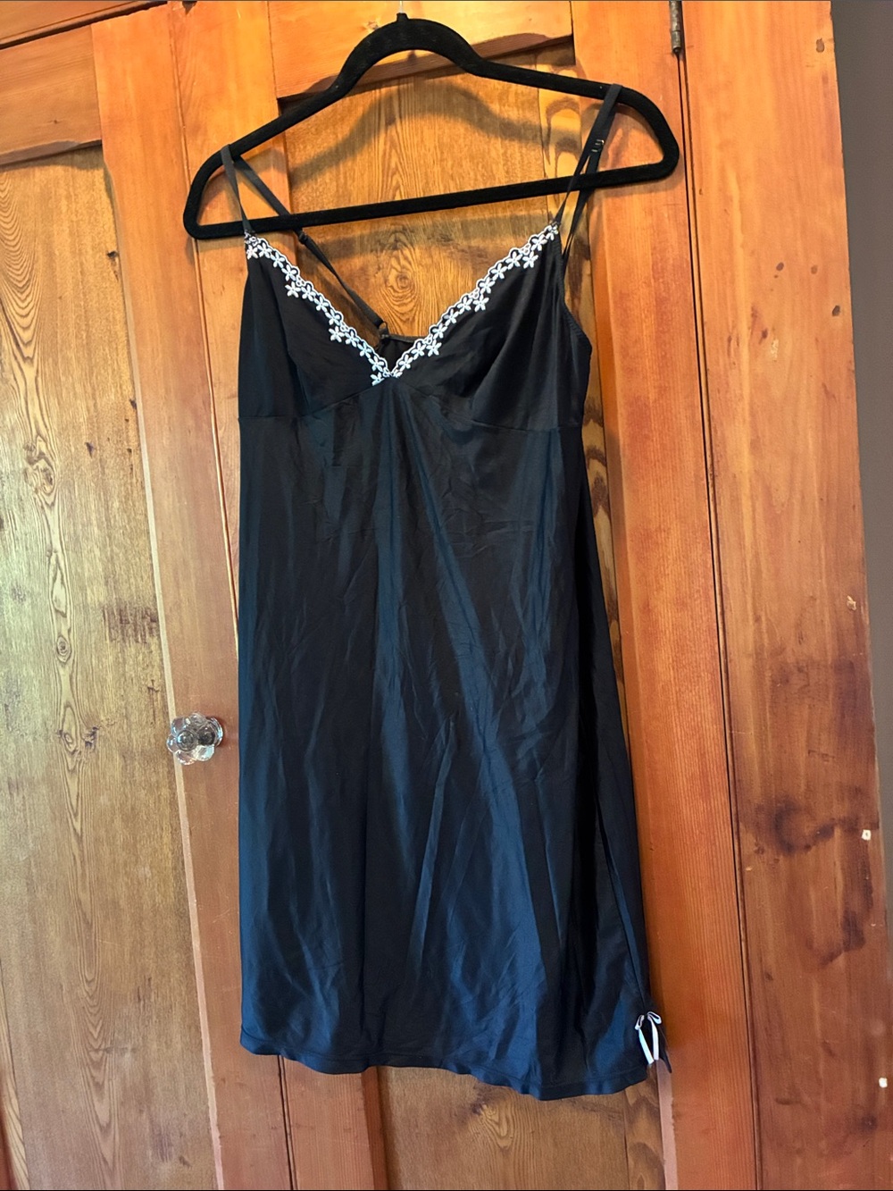 10/25$ 🥳 Black Lace-Trim Slip Dress with White Embroidery